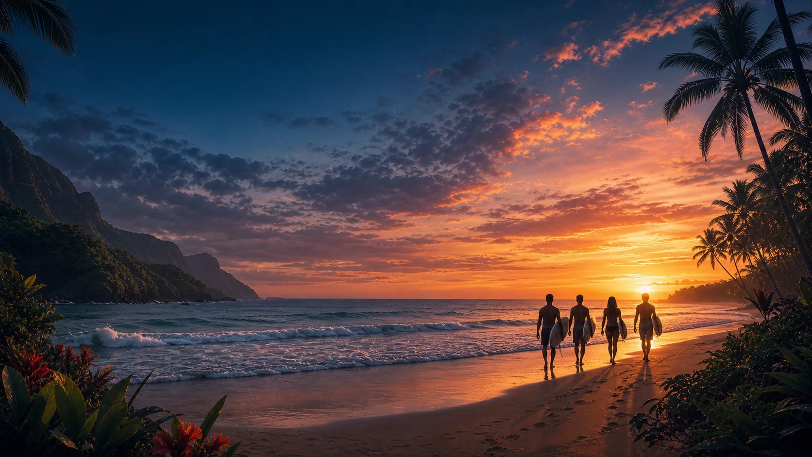 Surfers walking toward a Hawaiian sunset