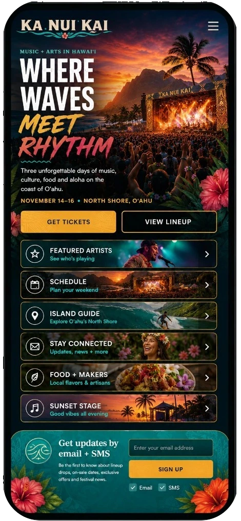Ka Nui Kai festival website concept on a phone